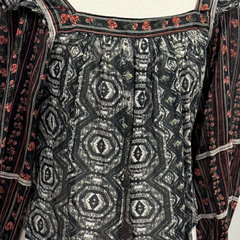 Free People Boho Puff Sleeve Mixed Print Blouse India Cotton S